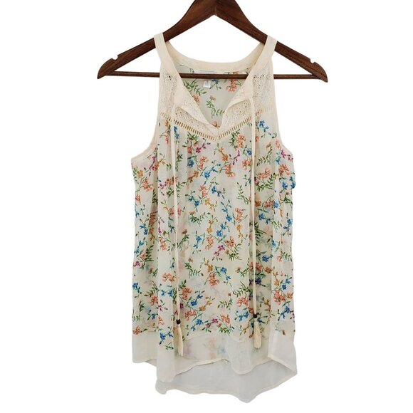 Charming Charlie Womens Floral Sleeveless Tank Top Blouse Sz S White V-Neck - Picture 1 of 11